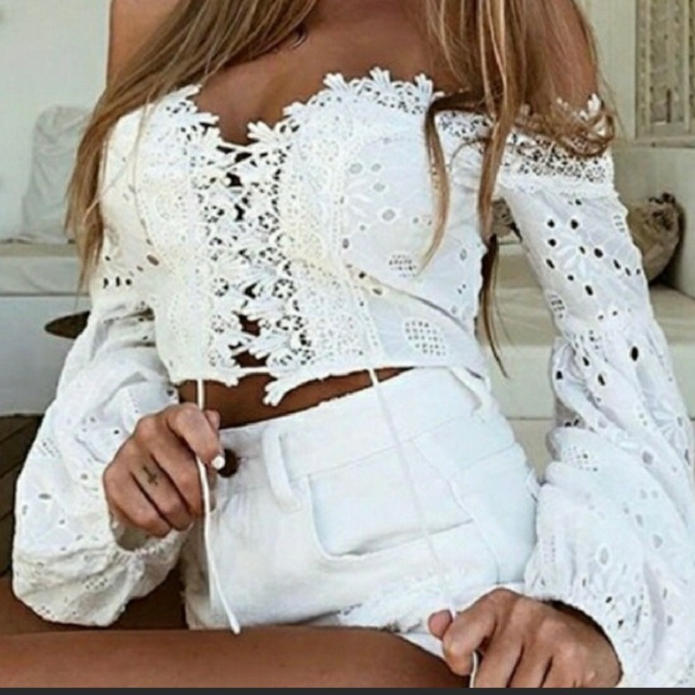 Lace Up Flare Sleeves Off Shoulder Crop Top - M